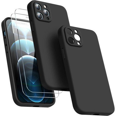 Hülle Schwarz für iPhone 15 14 13 Pro Max Kameraschutz Case 2x Panzerfolie Glas