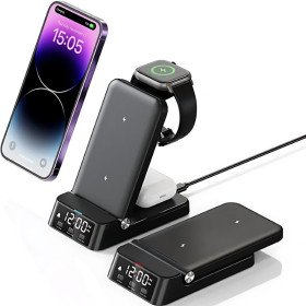 4-in-1 Kabelloses Ladegerät mit Halterung und Wecker für iPhone, Samsung